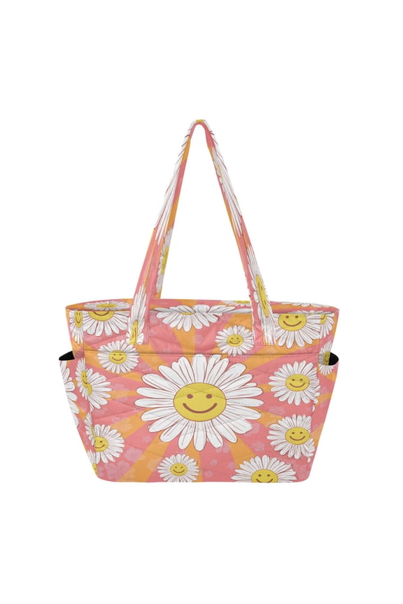 Quilted Tote Bag Large Capacity Multi-Compartment Handbag Lightweight Structured Shoulder Bag Versatile Casual Bag Smiley Face on Orange Background