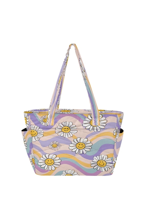 Quilted Tote Bag Large Capacity Multi-Compartment Handbag Lightweight Structured Shoulder Bag Versatile Casual Bag Smiley Faces