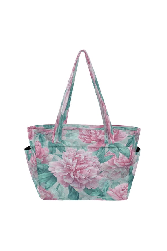 Quilted Tote Bag Large Capacity Multi-Compartment Handbag Lightweight Structured Shoulder Bag Versatile Casual Bag Soft Pink Peony Pattern