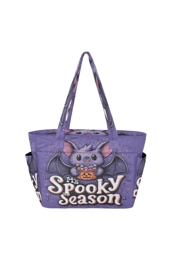 Quilted Tote Bag Large Capacity Multi-Compartment Handbag Lightweight Structured Shoulder Bag Versatile Casual Bag Spooky Cute Bat