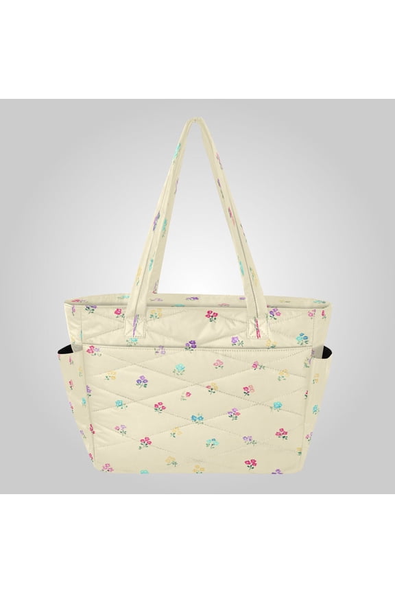 Quilted Tote Bag Large Capacity Multi-Compartment Handbag Lightweight Structured Shoulder Bag Versatile Casual Bag Spring Ditsy Wildflowers Print