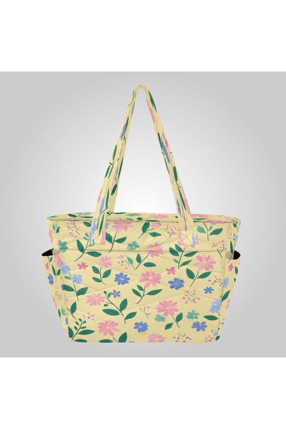 Quilted Tote Bag Large Capacity Multi-Compartment Handbag Lightweight Structured Shoulder Bag Versatile Casual Bag Spring Meadow Floral Print