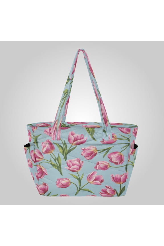 Quilted Tote Bag Large Capacity Multi-Compartment Handbag Lightweight Structured Shoulder Bag Versatile Casual Bag Spring Tulip Floral Design