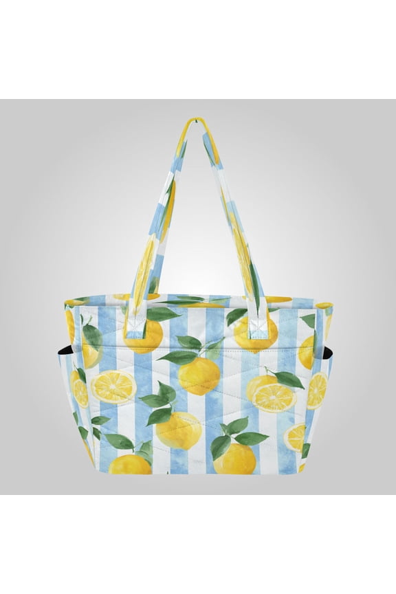 Quilted Tote Bag Large Capacity Multi-Compartment Handbag Lightweight Structured Shoulder Bag Versatile Casual Bag Sunny Lemon Summer Stripes