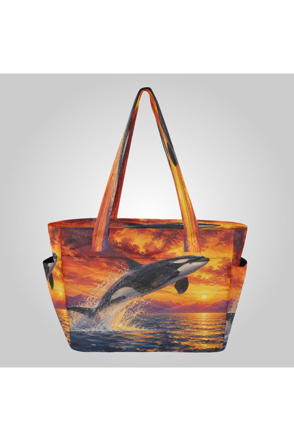 Quilted Tote Bag Large Capacity Multi-Compartment Handbag Lightweight Structured Shoulder Bag Versatile Casual Bag Sunset Ocean Orca Painting