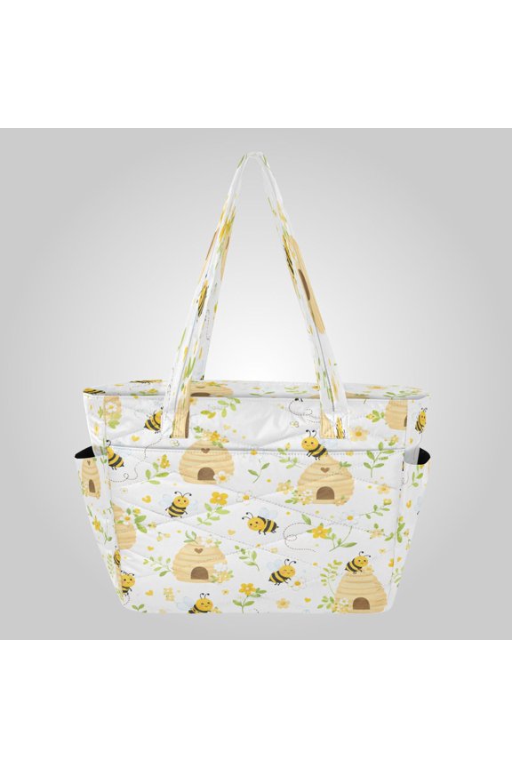 Quilted Tote Bag Large Capacity Multi-Compartment Handbag Lightweight Structured Shoulder Bag Versatile Casual Bag Sweet Honey Bee Pattern