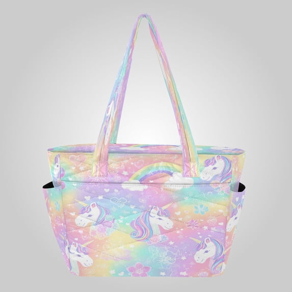 Quilted Tote Bag Large Capacity Multi-Compartment Handbag Lightweight Structured Shoulder Bag Versatile Casual Bag Sweet Rainbow Unicorn Party