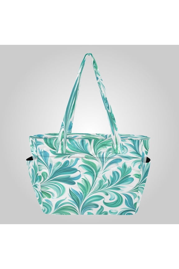 Quilted Tote Bag Large Capacity Multi-Compartment Handbag Lightweight Structured Shoulder Bag Versatile Casual Bag Teal Swirl Damask Pattern
