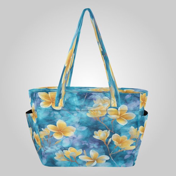 Quilted Tote Bag Large Capacity Multi-Compartment Handbag Lightweight Structured Shoulder Bag Versatile Casual Bag Tropical Frangipani Floral Print