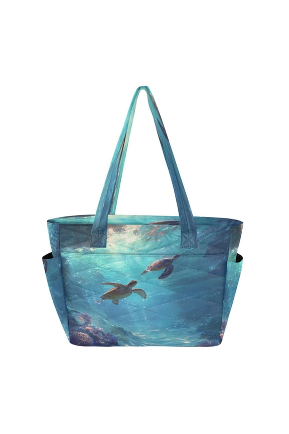 Quilted Tote Bag Large Capacity Multi-Compartment Handbag Lightweight Structured Shoulder Bag Versatile Casual Bag Two Ethereal and Lovely Turtles