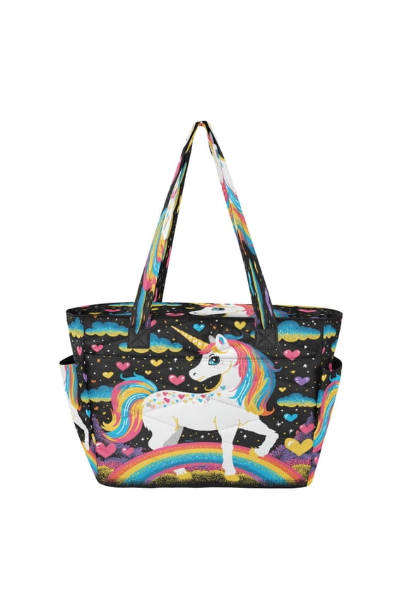 Quilted Tote Bag Large Capacity Multi-Compartment Handbag Lightweight Structured Shoulder Bag Versatile Casual Bag Unicorn with A Rainbow Mane
