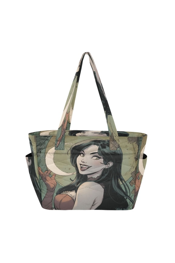 Quilted Tote Bag Large Capacity Multi-Compartment Handbag Lightweight Structured Shoulder Bag Versatile Casual Bag Vampire Girl