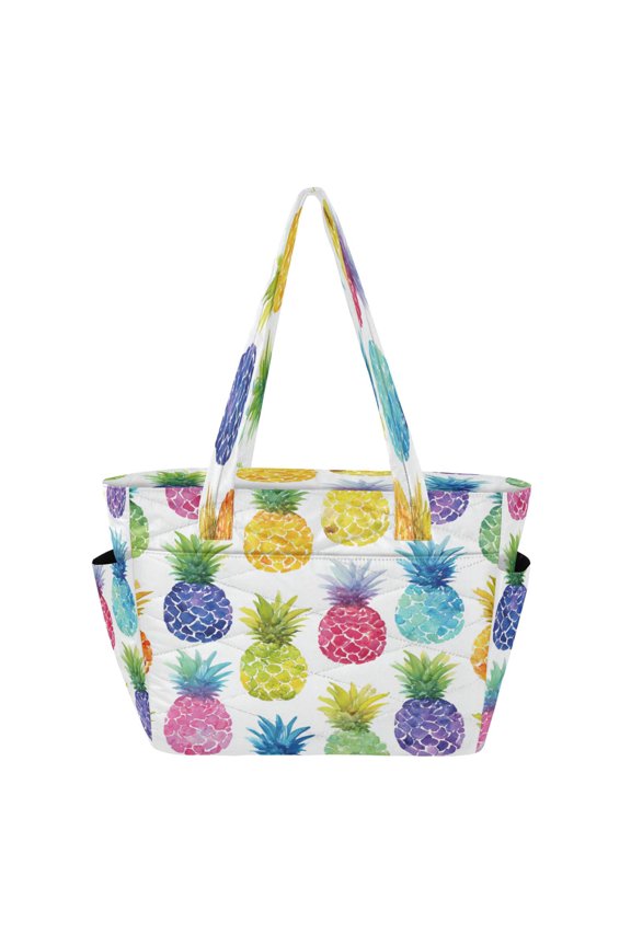 Quilted Tote Bag Large Capacity Multi-Compartment Handbag Lightweight Structured Shoulder Bag Versatile Casual Bag Vibrant Watercolor Pineapples