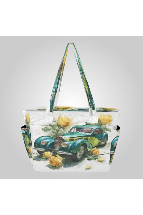 Quilted Tote Bag Large Capacity Multi-Compartment Handbag Lightweight Structured Shoulder Bag Versatile Casual Bag Vintage Bugatti Yellow Roses