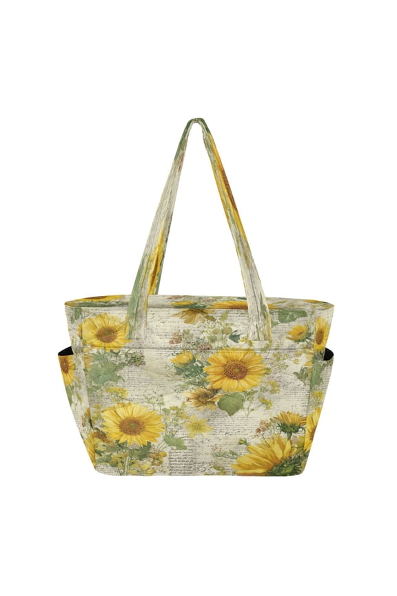 Quilted Tote Bag Large Capacity Multi-Compartment Handbag Lightweight Structured Shoulder Bag Versatile Casual Bag Vintage Faded Sunflowers