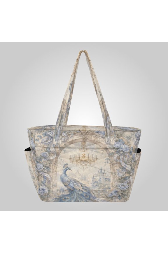 Quilted Tote Bag Large Capacity Multi-Compartment Handbag Lightweight Structured Shoulder Bag Versatile Casual Bag Vintage Peacock Castle Pattern