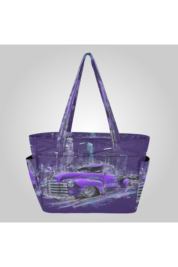 Quilted Tote Bag Large Capacity Multi-Compartment Handbag Lightweight Structured Shoulder Bag Versatile Casual Bag Vintage Purple Truck City Glow