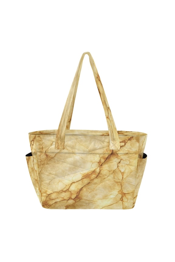 Quilted Tote Bag Large Capacity Multi-Compartment Handbag Lightweight Structured Shoulder Bag Versatile Casual Bag Warm Yellow Marble Crack