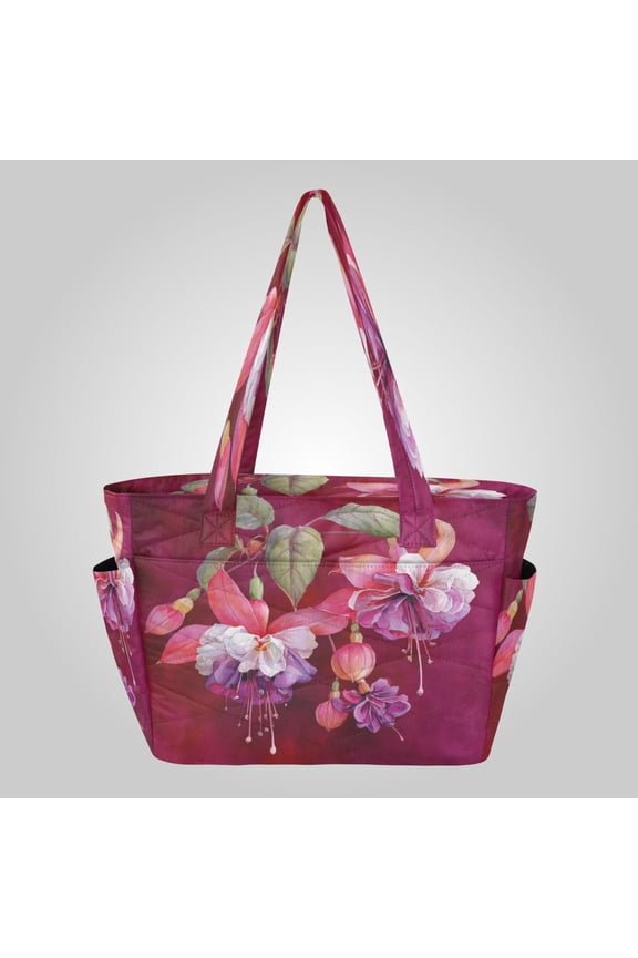 Quilted Tote Bag Large Capacity Multi-Compartment Handbag Lightweight Structured Shoulder Bag Versatile Casual Bag Watercolor Fuchsia Flowers