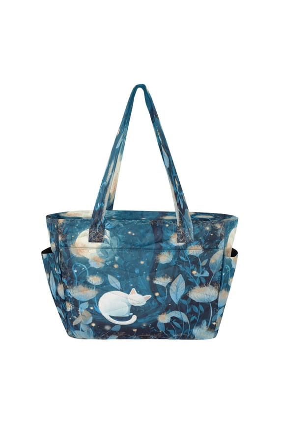 Quilted Tote Bag Large Capacity Multi-Compartment Handbag Lightweight Structured Shoulder Bag Versatile Casual Bag Whimsical White Cat