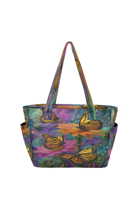 Quilted Tote Bag Large Capacity Multi-Compartment Handbag Lightweight Structured Shoulder Bag Versatile Casual Bag Yellow Butterflies in The Garden