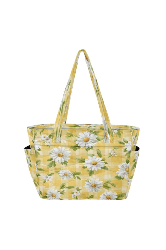 Quilted Tote Bag Large Capacity Multi-Compartment Handbag Lightweight Structured Shoulder Bag Versatile Casual Bag Yellow Gingham with Daisies Pattern