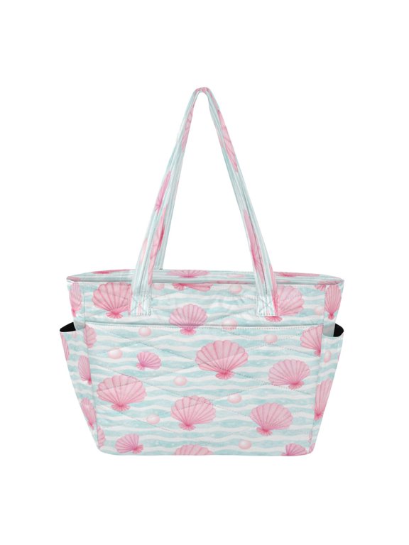Quilted Tote Bag Large Capacity Multi-Compartment Handbag Pink Seashell Wave Pattern Lightweight Structured Shoulder Bag Versatile Casual Bag