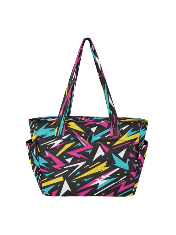 Quilted Tote Bag Large Capacity Multi-Compartment Handbag Vibrant Lightning Bolt Pattern Lightweight Structured Shoulder Bag Versatile Casual Bag