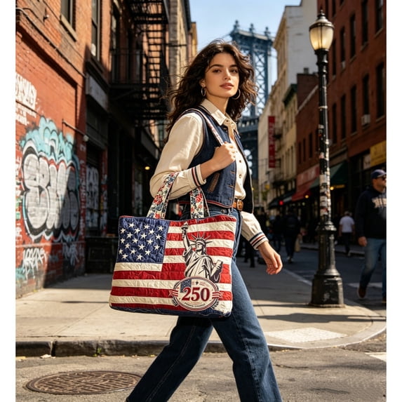 Quilted Tote Bag Patriotic Stars and Stripes Shoulder Handbag 1776-2026 USA 250th Anniversary Spacious Tote for Daily Use Shopping Work 4th of July Independence Day Events