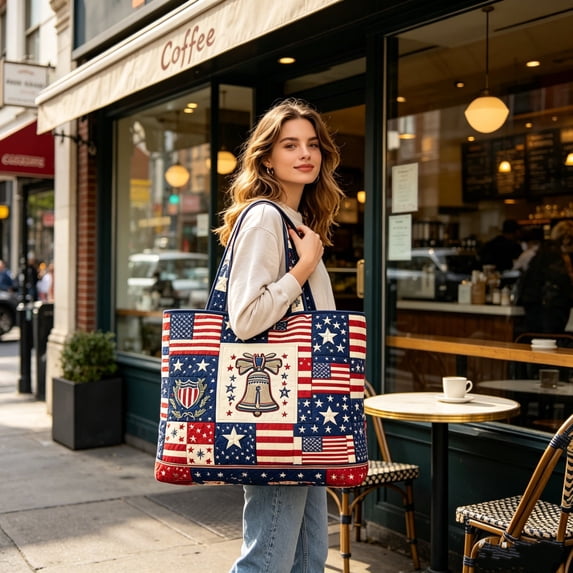 Quilted Tote Bag Patriotic Stars and Stripes Shoulder Handbag 1776-2026 USA 250th Anniversary Spacious Tote for Daily Use Shopping Work 4th of July Independence Day Events