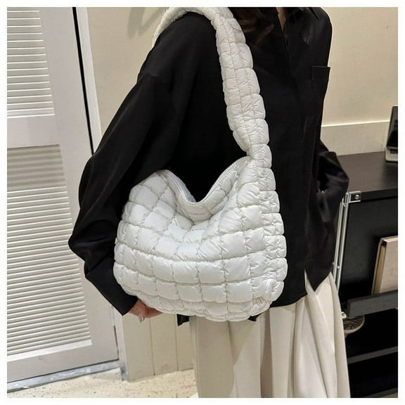 Quilted Tote Bag,Tote Bag for Women,Soft Puffer Tote Bag Lightweight Designer Pleated Bags Handbag Puff Bags Tote Bag for Women Leather Tote Bag for Women(White 8in)