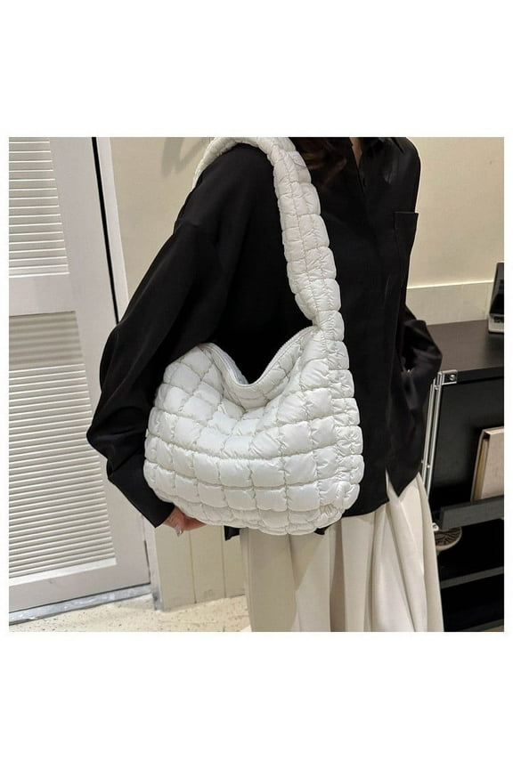 Quilted Tote Bag,Tote Bag for Women,Soft Puffer Tote Bag Lightweight Designer Pleated Bags Handbag Puff Bags Tote Bag for Women Leather Tote Bag for Women(White 8in)