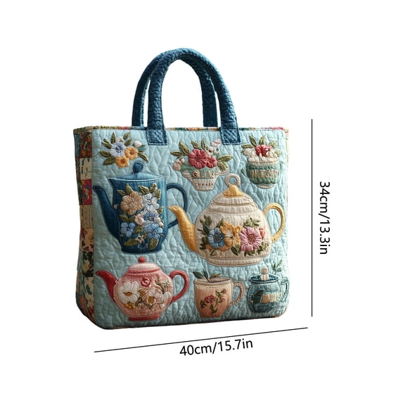 Quilted Tote Bag With Tea Pot Embroidery Large Capacity Multi-Functional Laptop Bag For Work Travel Weekend Women Nylon