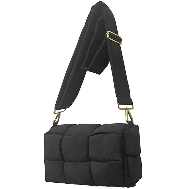 Puffer Woven Shoulder Bag - Cotton Padded Crossbody Purse, Green, Adjustable Strap, Magnetic Closure