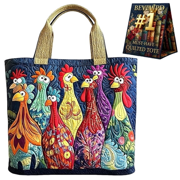 Quilted Tote Bag for Women with Handles Funky Chicken Handmade Large Capacity Animal Storage Bags Vintage Playful Cat