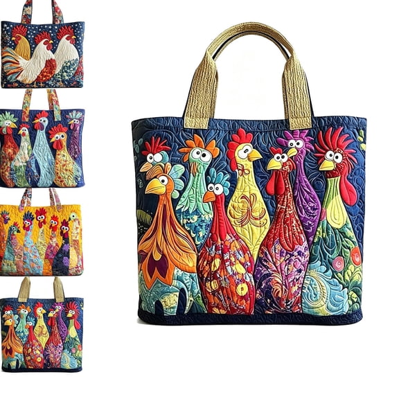 Quilted Tote Bags, Chicken Vintage Tote Bag, Large Cotton Hobo Shoulder Handbag, Casual Bags for Women Daily Outdoor Shopping