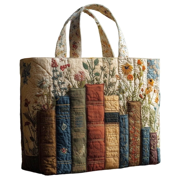 Quilted Tote Bags for Women Vintage Bookish Floral Tote Bag Unique Large Shoulder Bag Cotton Hobo Bag for Shopping