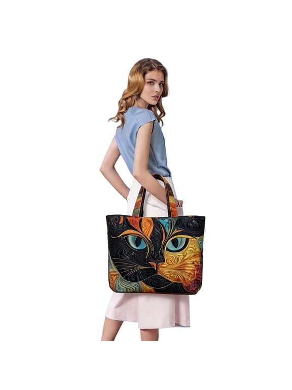 Quilted Tote Bags for Women Vintage Cat Themed Handbags Large Capacity Shoulder Bag for Shopping Travel