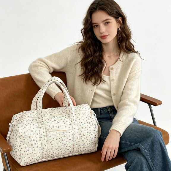 Quilted Travel Bag Small Floral Pattern Large Capacity Lightweight Overnight Weekender Tote Handbag With Detachable Shoulder Strap