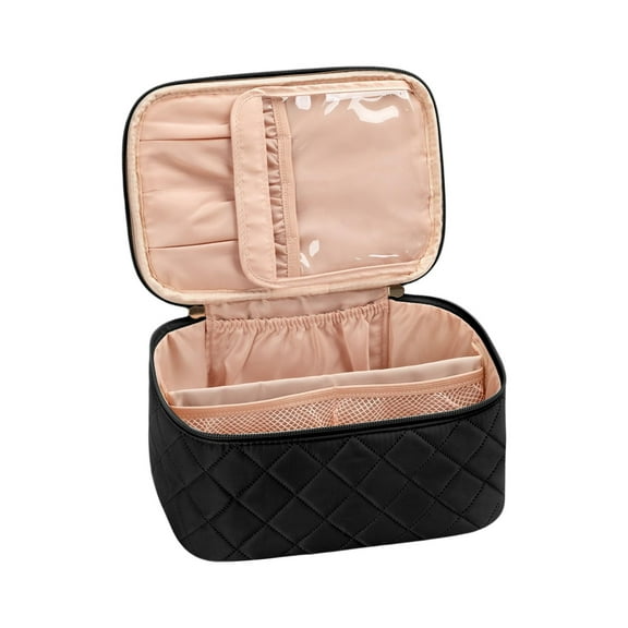 Quilted Travel Makeup Bag with Adjustable Dividers, Large Cosmetic Organizer Case for Women, Portable Toiletry Storage with Zippered Pockets and Brush Slots, Waterproof Pink Beauty Bag