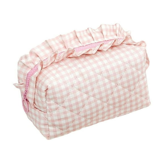 Quilted Travel Makeup Bag Set Elegant Cosmetic Pouch Organizer For Women Girls Ruffle Plaid Gingham Mini Storage