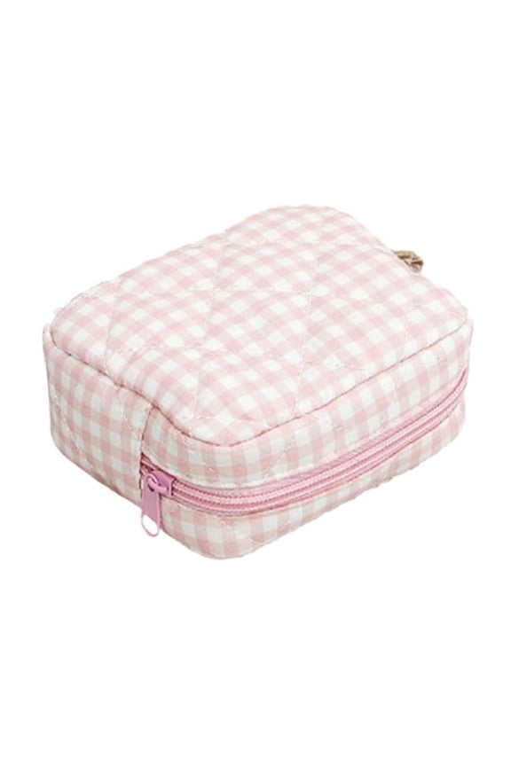 Quilted Travel Makeup Bag Set Ruffle Plaid Gingham Cosmetic Organizer Pouch Mini Storage For Women Girls