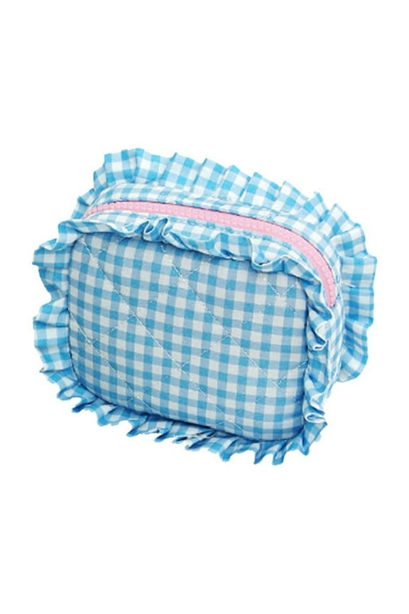 Quilted Travel Makeup Bag Set with Ruffle Plaid Design Cosmetic Organizer Pouch for Women Girls Mini Storage
