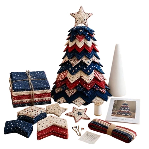 Quilted Tree Kit, Americana Christmas Tree Quilt Kit, Blue Patchwork Fabric DIY Sewing Project, 5.9-Inch