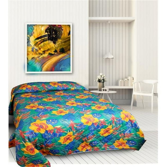 Quilted Tropical Print Bedspread, Blue, Orange & Yellow - Twin Size