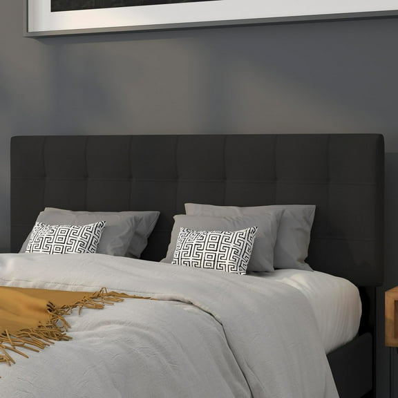 Quilted Tufted Upholstered Queen Size Headboard in Black Fabric