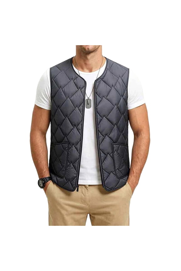 Quilted V Neck Vest for Men Padded Liner Vest Sleeveless Inner Coat with Side Pockets Navy S