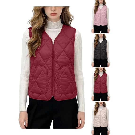 Quilted Vest Women Zaewscy Women V‑Neck Quilted Vest Sleeveless Zip Up Lightweight Padded Gilet with Side Pockets Red M