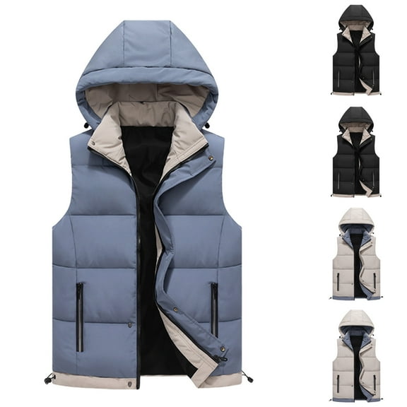 Quilted Vest with Hooded for Men Casual Loose Plus Size Warm Gilet Zipper Solid Color Down Vest Sleeveless Jacket for Men with Pockets