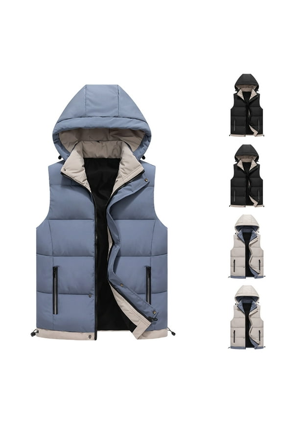 Quilted Vest with Hooded for Men Casual Loose Plus Size Warm Gilet Zipper Solid Color Down Vest Sleeveless Jacket for Men with Pockets